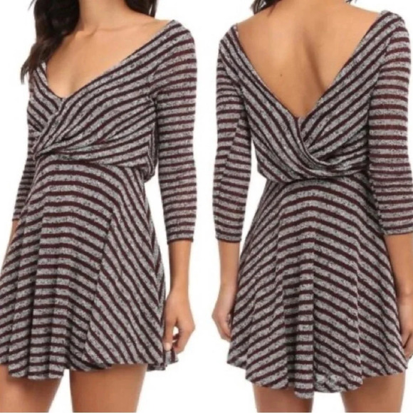 FREE PROPLE S Maverick Knit Gray Eggplant Stripe Wrap Lined Skater Dress V Neck - Picture 3 of 14